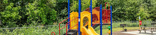 a playground at a park with a yellow slide