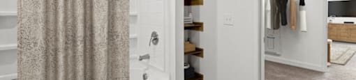 A bathroom with a shower curtain and a closet with clothes hanging.