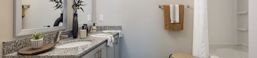 a bathroom with gray cabinets and a black and white rug