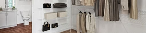 A white closet with a variety of clothes hanging on shelves and racks.