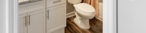 A bathroom with a toilet, sink, and shower/bath tub combo at 1322 North Apartments in Auburn, AL.