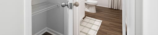 a bathroom with a toilet and a shower and a closet