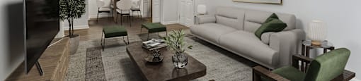 A living room with a couch, chairs, and a television.