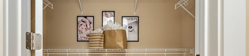 A white closet with a brown bag on the shelf.