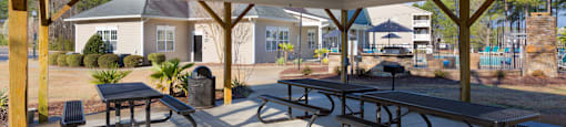 A covered picnic area with tables and benches.