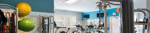 A gym with a variety of equipment including a weight machine, a treadmill, and a rowing machine.