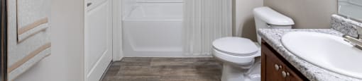 a bathroom with a shower toilet and sink and a mirror