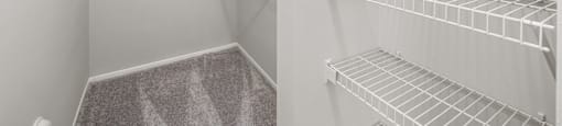two views of a walk in closet with white walls and shelves