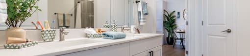 A bathroom with a white counter and a large mirror.
