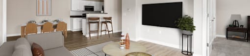 a living room with a couch and a table