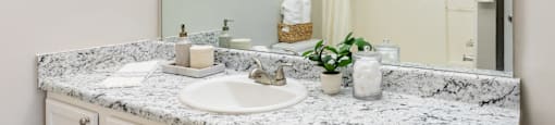 a bathroom with a sink and a mirror and a shower