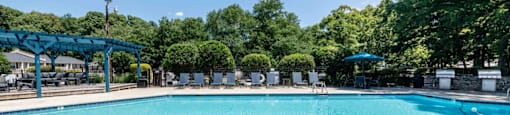 A large blue swimming pool surrounded by trees and lounge chairs.
