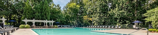 a large swimming pool with trees in the background