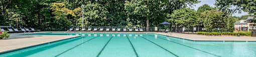 a large swimming pool with trees in the background