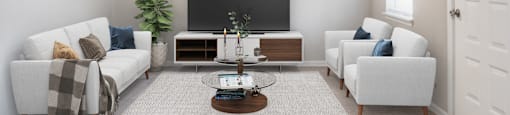 a living room with white couches and chairs and a large tv on the wall
