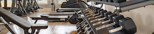 a gym with rows of weights and a tv on the wall