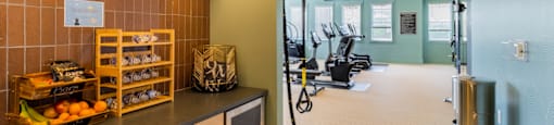 a room with a counter and a row of exercise machines on the left and a wall with
