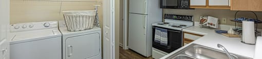 a kitchen with a washer and dryer and a sink and a refrigerator