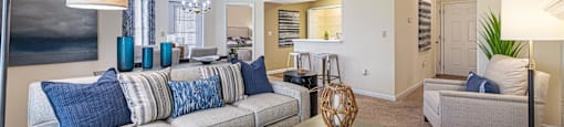 a living room with a couch and a table