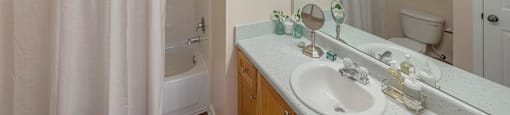 a bathroom with a shower and a sink and a mirror