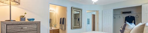 Bedroom with views into the bathroom and closet