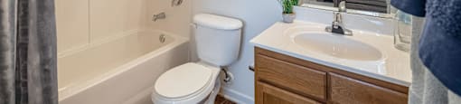 a bathroom with a toilet sink and tub and a mirror