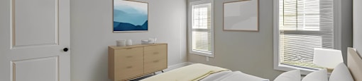 A bedroom with a bed, dresser, and ceiling fan.