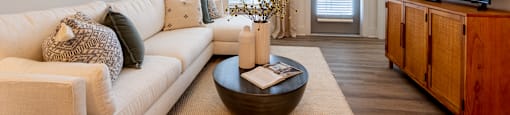 Altitude Raleigh living area within model apartment home with large windows and an open floor plan