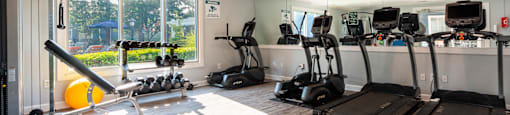 a gym with cardio equipment and a large window