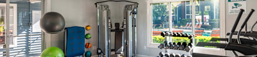 a home gym with a treadmill and weights