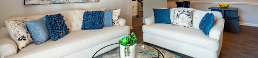 a living room with two couches and a coffee table