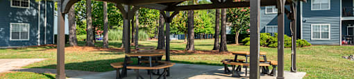 a picnic shelter with two picnic tables in a park