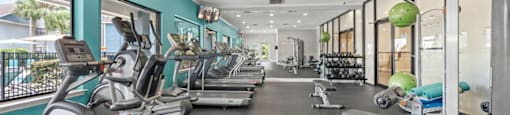 A gym with treadmills, exercise balls, and weightlifting equipment.