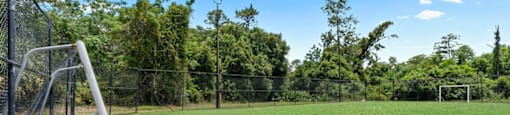 A soccer field with a goal post on the left side.