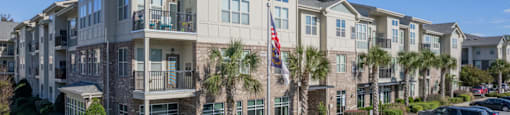 a building with palm trees and a flag in front of it