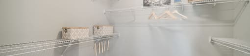 a spacious closet with shelves and hooks and carpeted flooring