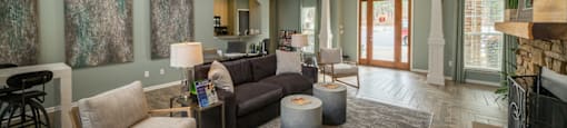 A living room with a grey rug and a brown couch.