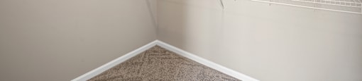 an empty closet in a home with white walls and carpet