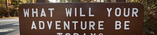 A brown sign with the words "What will your adventure be today?" is displayed in a wooded area.