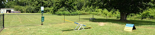 a seesaw sits in the middle of a grassy area with trees in the background