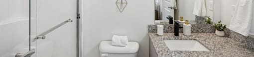 a bathroom with a shower and a sink and a mirror