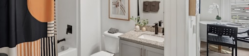 a bathroom with a shower and a toilet and a sink