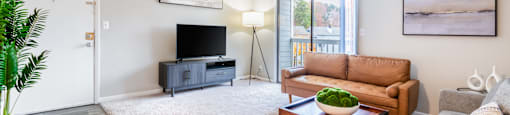 A living room with a couch, a coffee table, and a television.