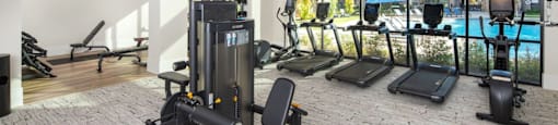 A gym with treadmills, weights, and a view of the city at Liam at Hays Farm in Huntsville, Alabama