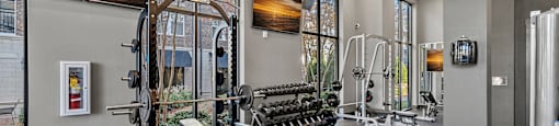 A gym with a variety of equipment including a squat rack, bench, and weights.
