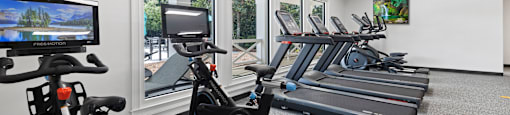 A room with exercise equipment and a TV screen showing a landscape Outside view of pool and clubhouse with pool furniture at The Palms at Chatham apartments in Savannah GA,