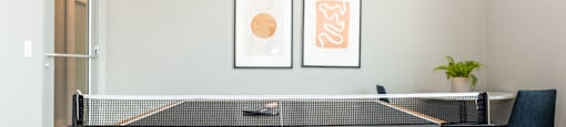 a ping pong table in a conference room with two balls on it