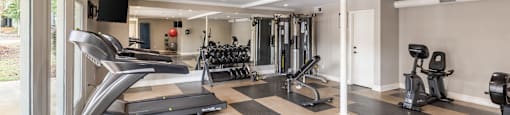 A spacious home gym with treadmills, weights, and exercise equipment.