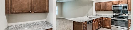A kitchen with brown cabinets and a granite countertop.