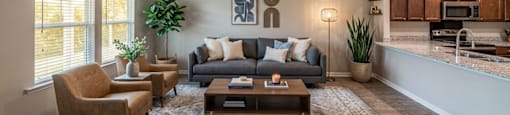 A living room with a grey couch, a brown chair, a coffee table, and a ceiling fan.